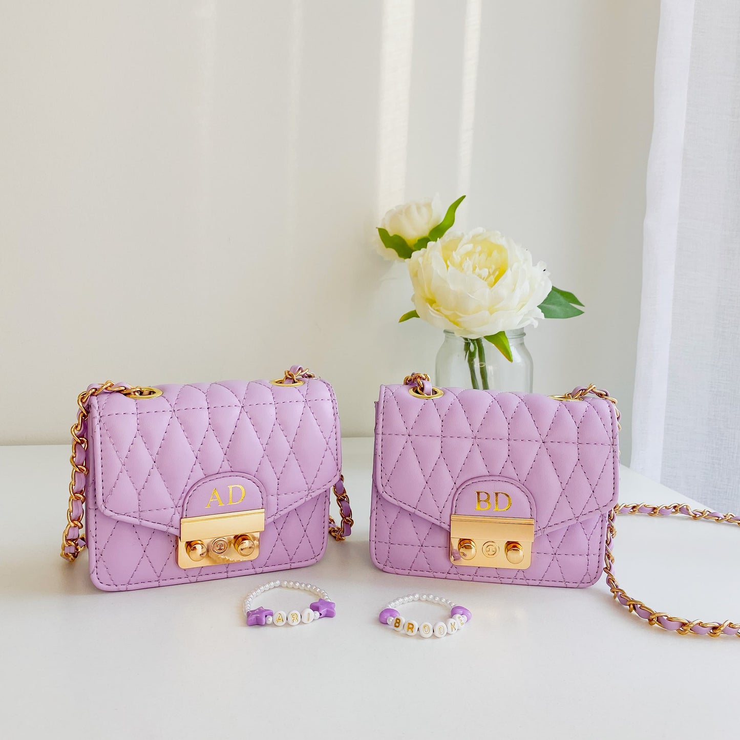 Lilac monogrammed girls bag and personalised bracelet